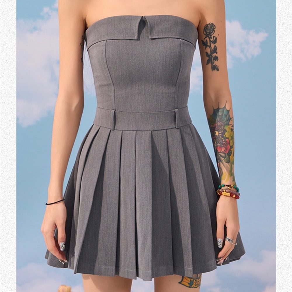 NEW Pleated Dress Academia Strapless Tube Top Mini Skirt One Piece Y2K Small S